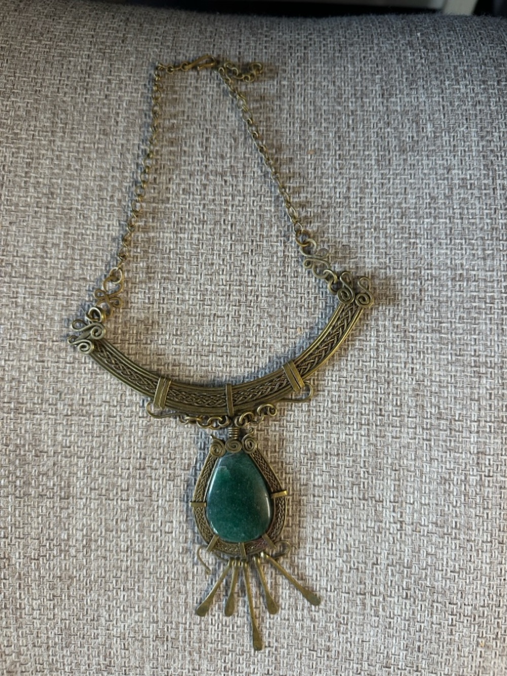 Antique Brass Statement Necklace with Green Teardrop Stone